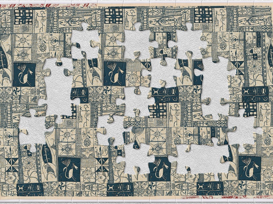 Bed cover, maker unknown. Gift of Malcolm Harrison, 1998. Te Papa (GH007465) A cloth bed cover with blue and white patterns and designs stamped on it. There are jigsaw-shaped pieces missing from the image.