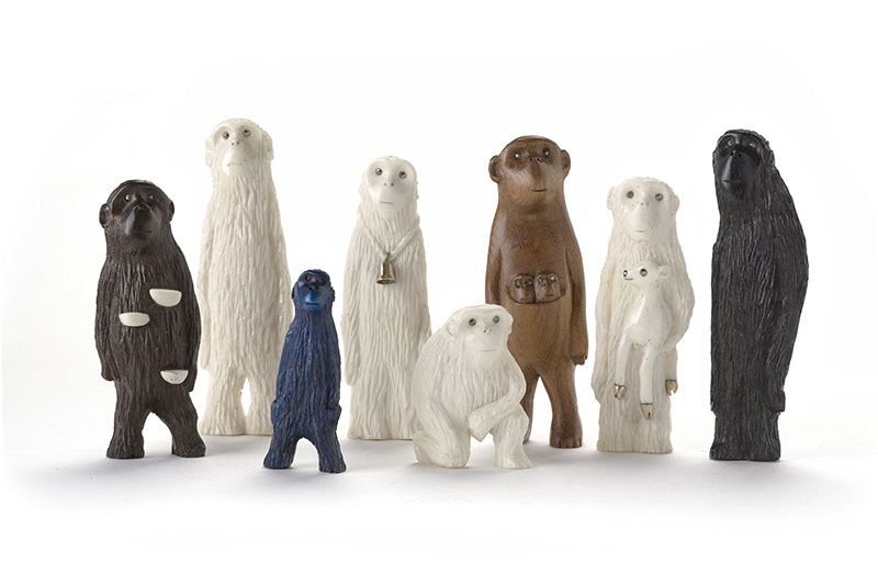 Jane Dodd, eight brooches from the series ‘The Unbelievables’ 2023. Te Papa, purchased 2024 (2024-0009-1/1-8 to 8-8) Eight small figurines of monkeys in different poses on a white background.