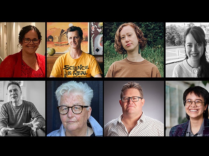 Top left to right: Philomena Johnson; Nick Ascroft photo by Ebony Lamb Photographer; Stacey Teague photo by Ebony Lamb Photographer; Kiri Piahana Wong photo by Dedee Wirjapranata. Bottom left to right: James Brown photo by Russell Kleyn; Robin Pearce photo by Sally Haughton, Simon Sweetman photo by Gerry Keating; Zephyr Zhang photo by Trinity Thompson-Browne Eight headshots of people all looking at the camera.