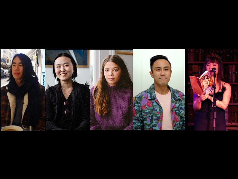 Left to right: Gregory Kan, Jiaqiao Liu, Nina Mingya Powles, Chris Tse, and Cadence Chung Head and shoulders photos of four people. One is looking offscreen, three are looking at the camera, one is reading into a microphone from a book.