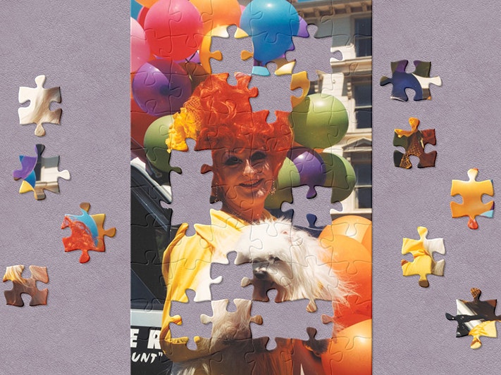 Johnny Croskery at Devotion Festival. From the album: Johnny Croskery photograph album 1980s–1990s, 1993, New Zealand, maker unknown. Te Papa (O.044271) Jigsaw of a drag artist in a yellow gown cuddling a smiling, fluffy white dog. Their curly, red beehive wig is adorned with a yellow chrysanthemum hair piece. Rainbow balloons are attached to a car behind them.