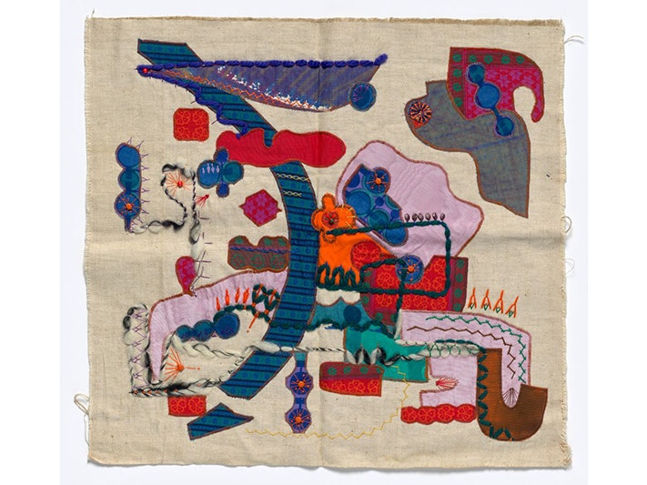 Needlework; sample of applique with couching, by Ans Westra, Rotterdam, 1953–1957. Gift of Lisa van Hulst, 2023. Te Papa (GH018628) A piece of beige cotton material with different coloured pieces of material stitched onto it.