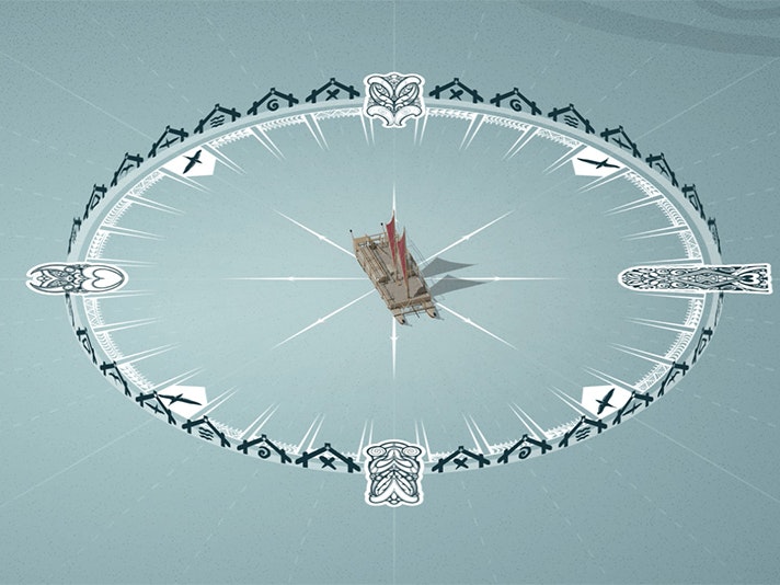 Still from star compass animation. Te Papa A circle on teal with different Māori symbols at each compass point.