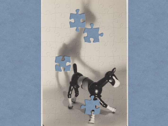 Toy horse, London, 1930s, London, by Eric Lee-Johnson. Purchased 1997 with New Zealand Lottery Grants Board funds. Te Papa (PS.002678) A black and white photo of a articulated horse toy and it's shadow. It has jigsaw-shaped pieces missing.