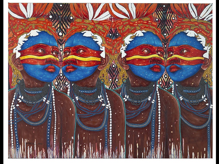 Daniel Waswas, “Look Within 2” painting, 2007; Papua New Guinea. Purchased 2010. Te Papa (FE012502) A painting of four different views of the same person wearing ceremonial clothing and facepaint.