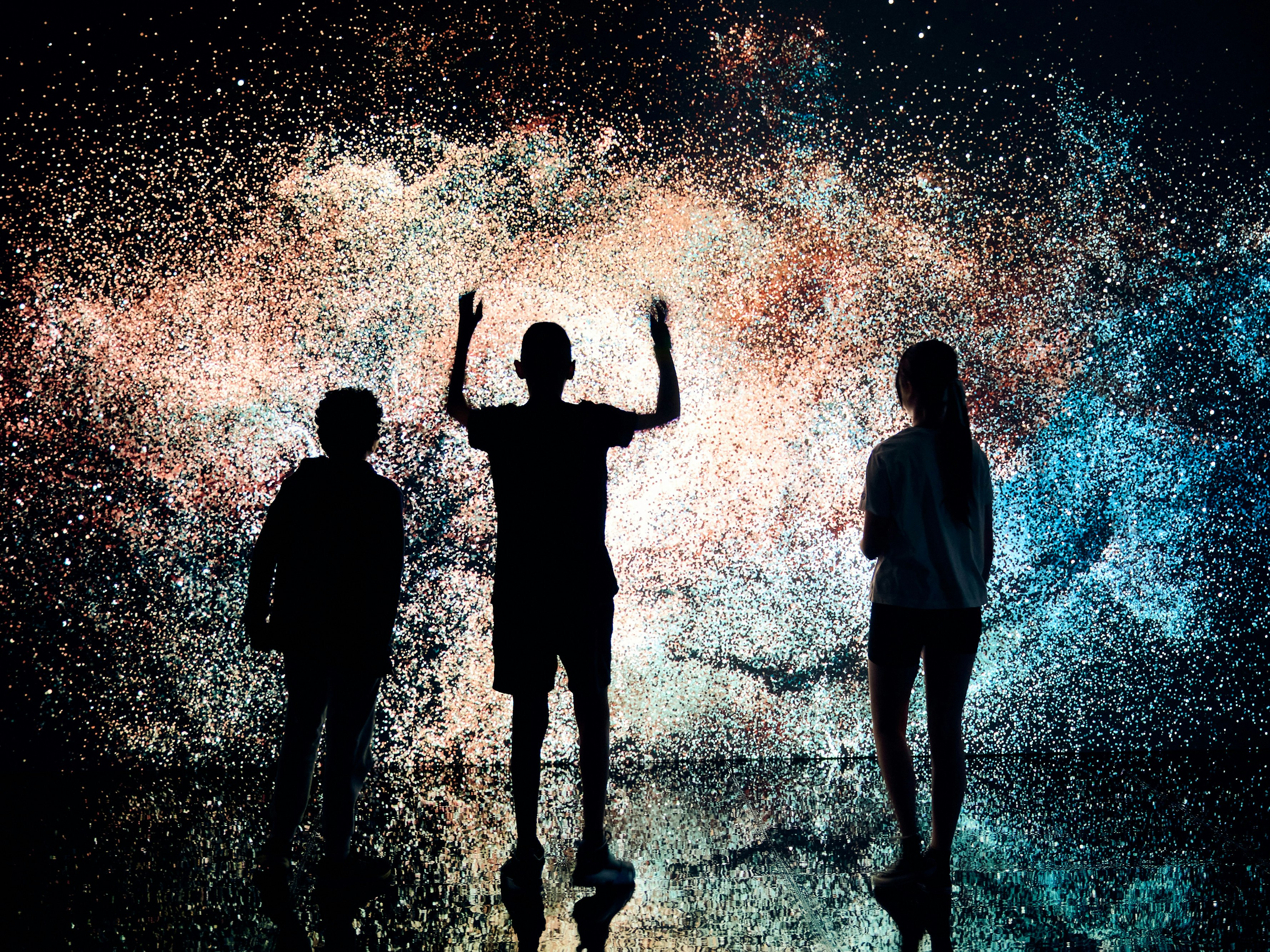 Distortions in Spacetime by Marshmallow Laser Feast, Works of Nature, ACMI, 2023, image by Eugene Hyland Three people are shown in silhouette standing in front of a large screen in a dark room. The screen looks like a galaxy of stars.