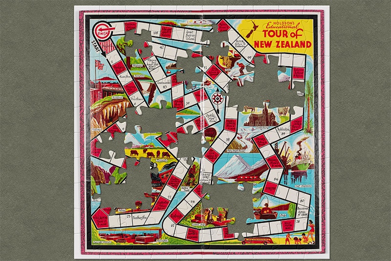 Board game Tour of New Zealand; 1950s; Thomas Holdsworth & Sons Ltd. Gift of Andrea Hill, 2009. Te Papa (GH012785;) An image of a board game with jigsaw-shaped pieces missing