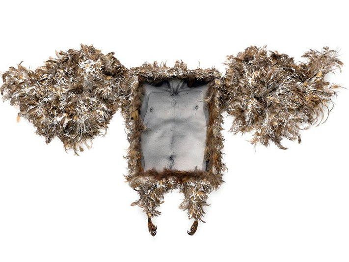 Fiona Pardington, Descent into flesh, 1987. Purchased 1987 with Ellen Eames Collection funds. Te Papa (1987-0042-1) A black and white photo of a torso. The fram is covered in feathers and also has feathered wings and bird feet.