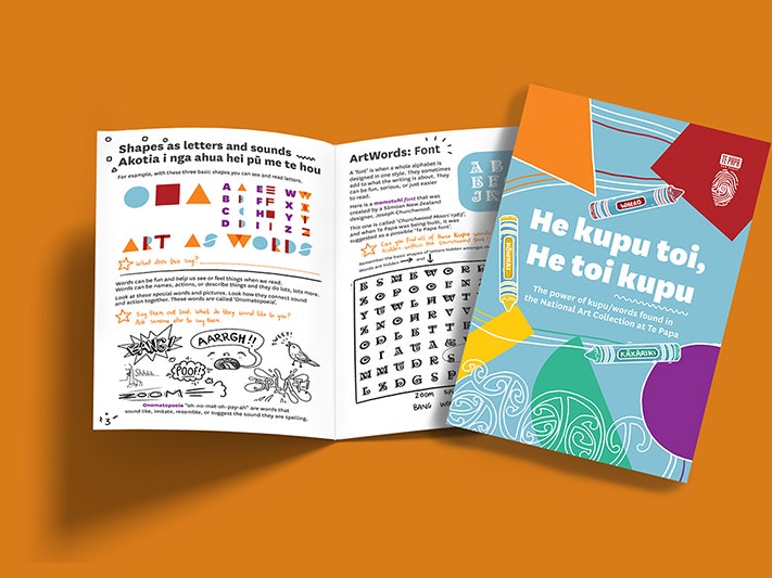 He Kupu Toi Activity Book A booklet open to two pages with another copy of the cover sitting over it.