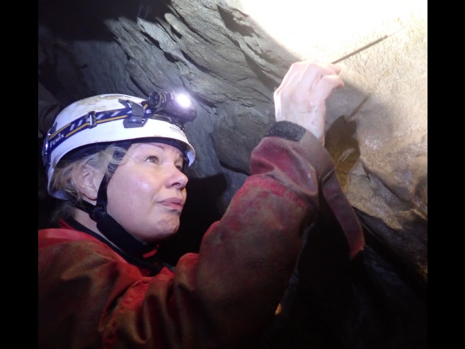 Julia Kasper collecting invertebrates. Photo by Andrew Stewart. Te Papa A woman with a headtorch on her helmet is poking at something in a cave.