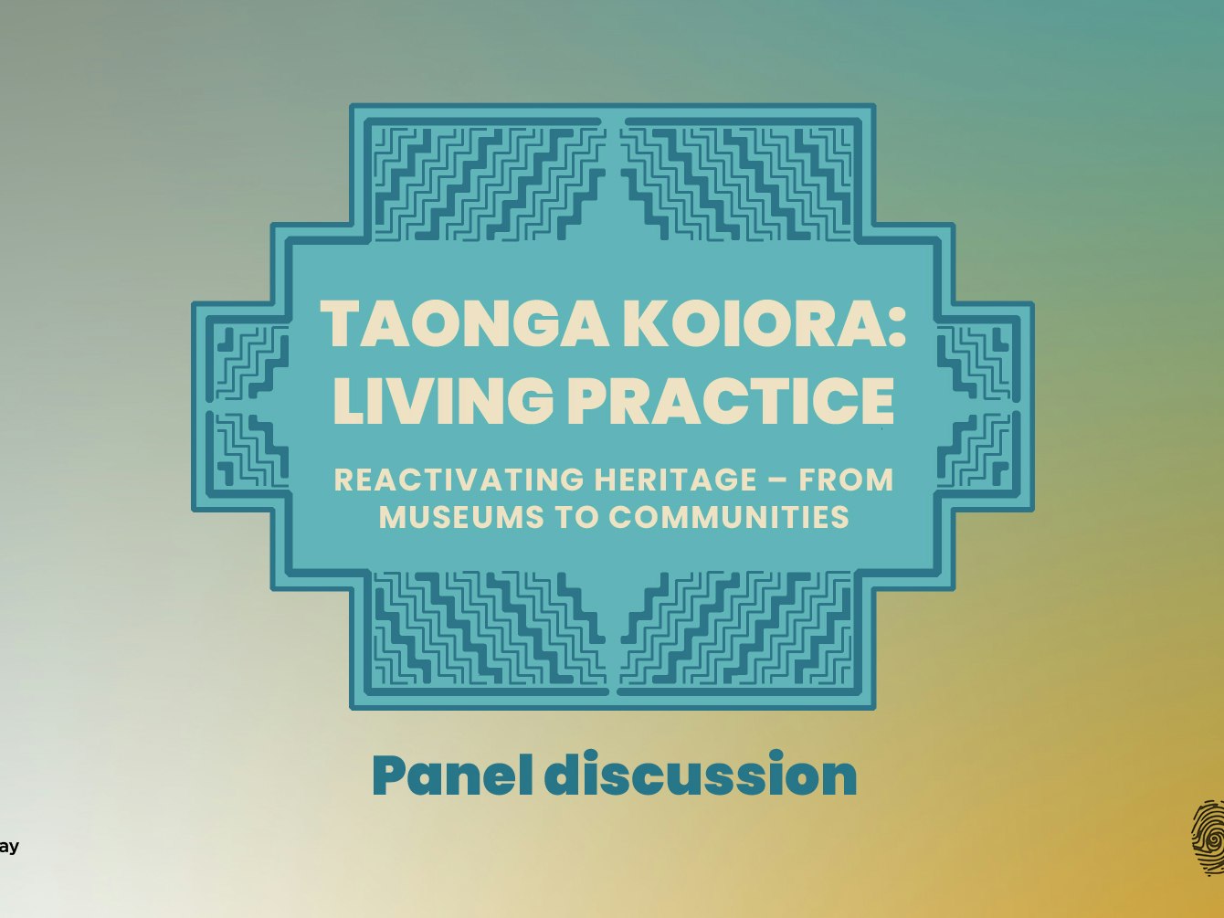 Taonga Koiora: Living Practice panel discussion logo An event logo, blue steps in poutama design with the words Taonga Koiora: Living Practice in the centre