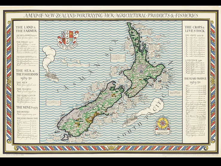 Poster, 'A Map of New Zealand', 1931, United Kingdom, by MacDonald Gill, Dobson, Molle and Co. Ltd., His Majesty's Stationery Office, Empire Marketing Board. Acquisition details/history unknown. Found in collection, 2012. Te Papa (GH021717) A printed map of New Zealand with a column of text down each side of the page.