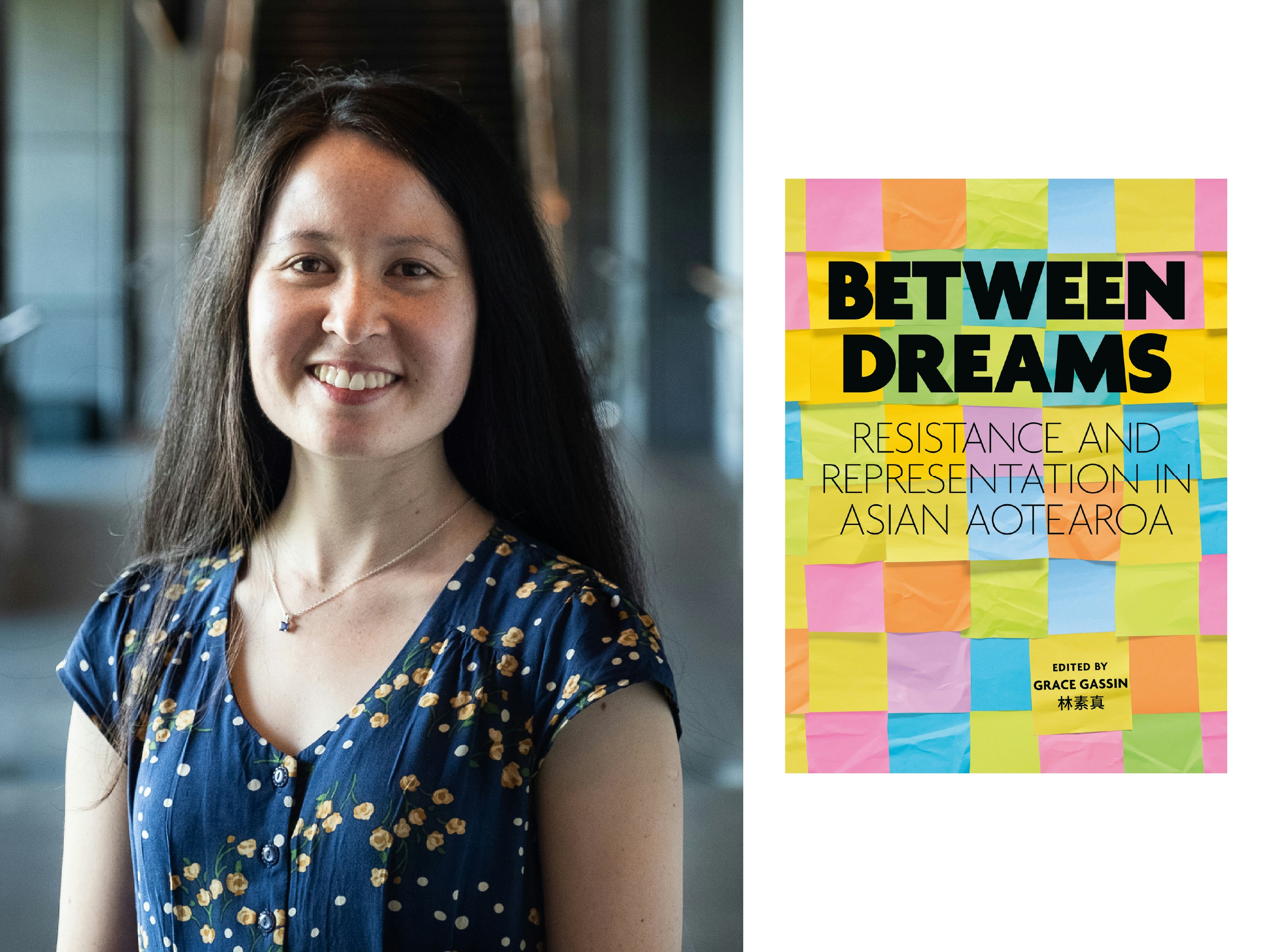 picture of Grace Gasson, with the cover of the book Between Dreams next to her