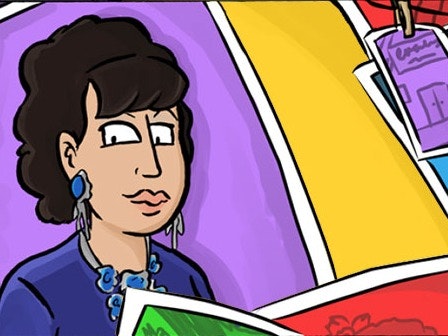 Sam Orchard, Chrissy Witoko collage comic, 2020. Te Papa An illustrated comic panel showing a rainbow of photos. The foreground photo is a head and shoulders portrait of a smiling Chrissy Witoko with brown curly hair and a fringe, silver dangly earrings with a large blue stone, and a matching necklace over a blue top. Some photos pegged on a line to dry in the background.