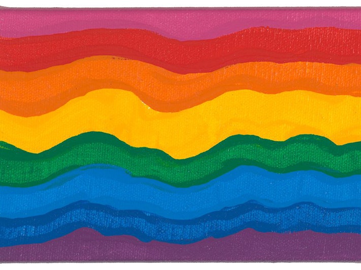 Rainbow Flag painting, 2012, United States, by Gilbert Baker. Gift of Gareth Watkins and Roger Smith, 2021. Te Papa (GH026076) Wavy rainbow stripes of pink, red, orange, yellow, green, light blue, dark blue and purple acrylic paint on canvas.