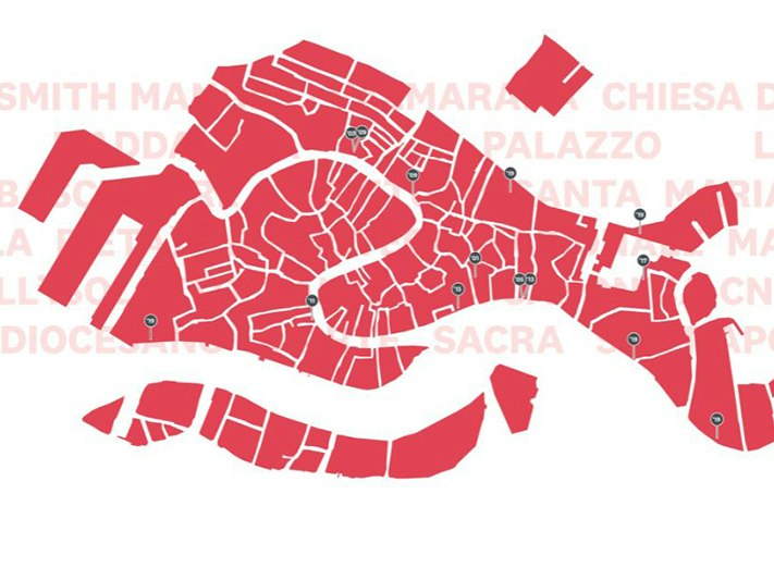 Image by NZ at Venice A red map of Venice with places marked on it that are galleries in the Venice Biennale.
