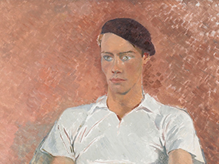 Glyn Philpot, Man in white, 1933. Purchased 1945 with Harold Beauchamp Collection funds. Te Papa (1945-0002-1) Oil painting of a handsome, athletic, and casually dressed man sitting in a wicker chair. He wears a white, Lacoste style polo shirt and a brown beret with close cropped blonde curls and grey-blue eyes.