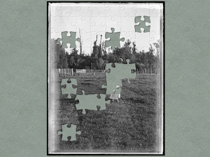 Good bye, Daddy, 07 May 1918, Levin, by Leslie Adkin. Gift of G. L. Adkin family estate, 1964. Te Papa (A.006369) A photo with jigsaw pieces cut out of it.