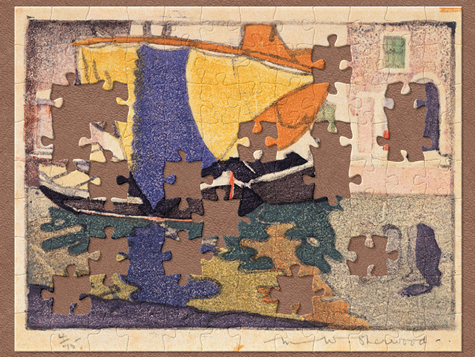 Venetian fishing boats, 1926, by Maud Sherwood. Gift of Mrs T.W. McDonald and Mrs W.J. Hutchison, the artist's sister and niece, 1960. Te Papa (1960-0016-4) A watercolour painting of boats on a canal with jigsaw shapes missing.