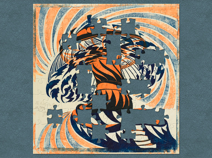 The merry-go-round, circa 1930, by Cyril Power. Gift of Rex Nan Kivell, 1953. Te Papa (1953-0003-268) A screenprint of a stylised merry-go-round with jigsaw shapes missing.