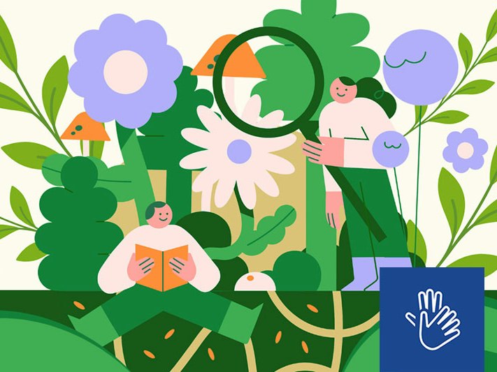 Illustration by Te Papa A stylised illustration of someone reading and someone standing with over-sized flowers and plants. The NZSL logo sits overlayed in the bottom right.